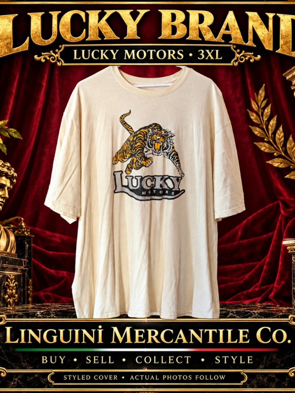 Lucky Brand Lucky Motors Tiger Graphic T-Shirt Mens 3XL Cream